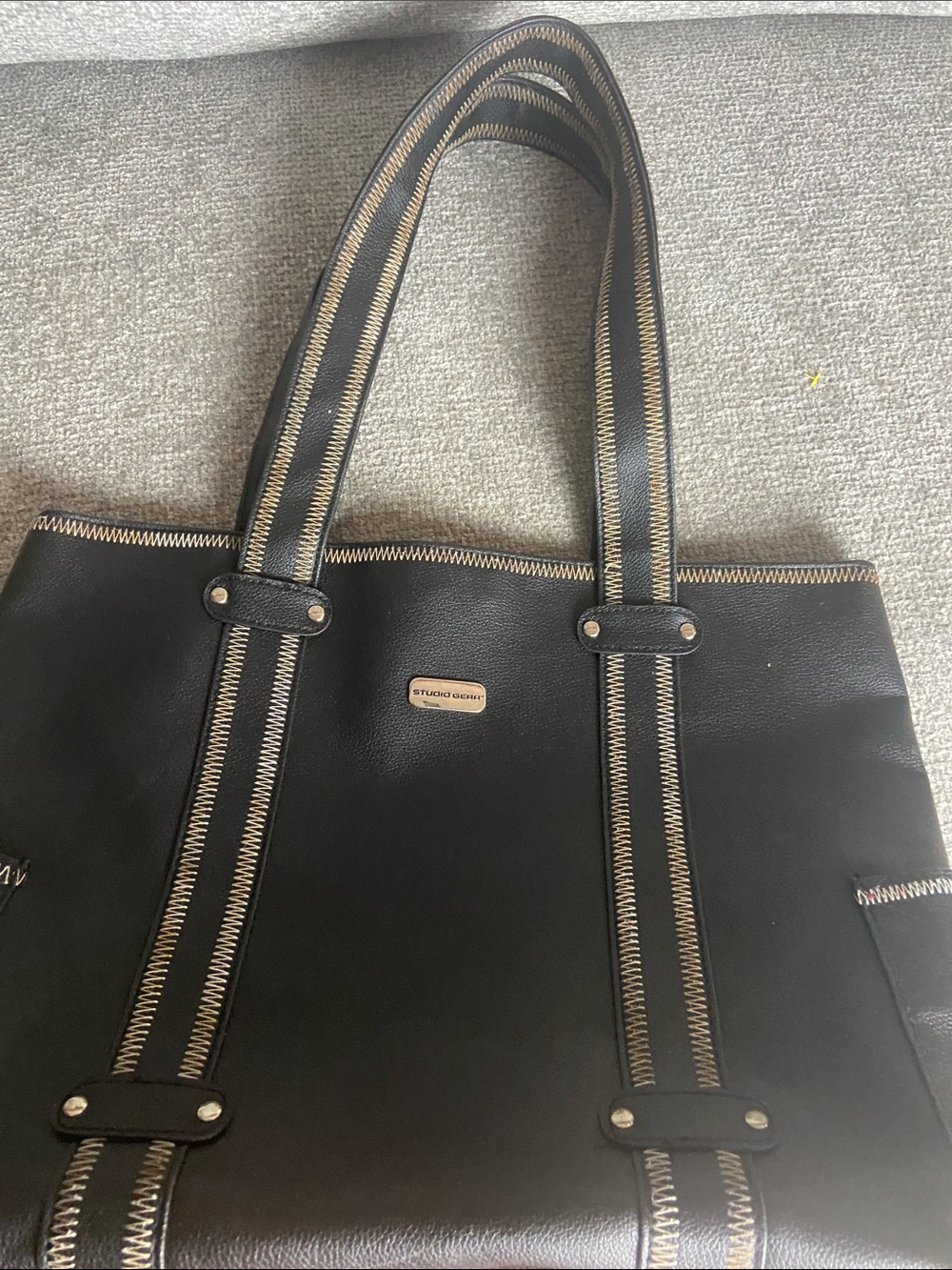 Studio Gear Tote in Black with Cream Contrast Stitching